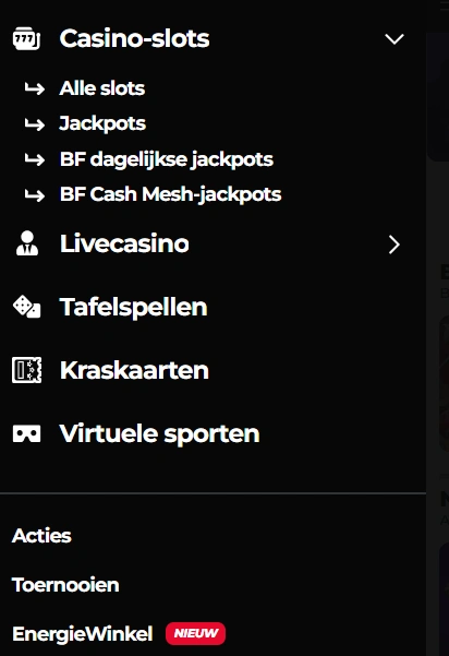 Energy Casino Mobiel Menu